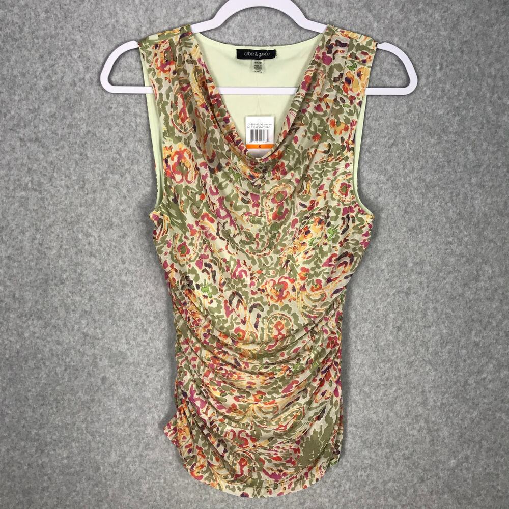 Cable Gauge Mesh Ruched‎ Top Medium Paisley Cowl Blouse Abstract Vacation